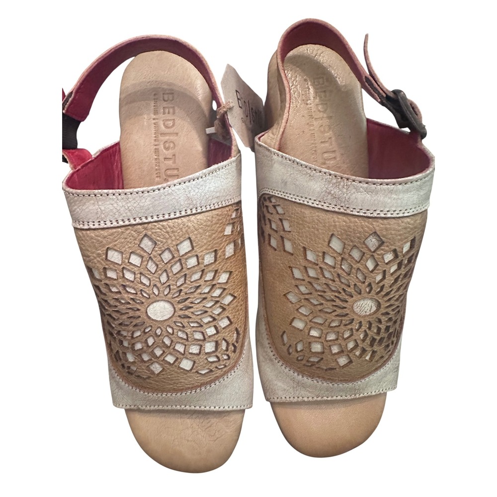 Bed Stu Women Metallic Leather Laser Cut Wood Block Heel Sandals Size 8.0 NWT